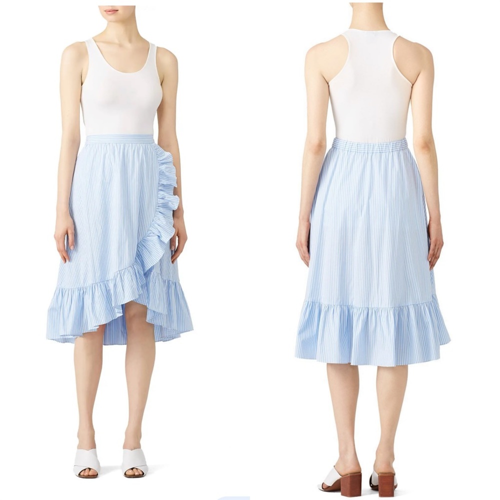 Jill Stuart Morgan Striped Asymmetric Ruffle Midi skirt blue white poplin